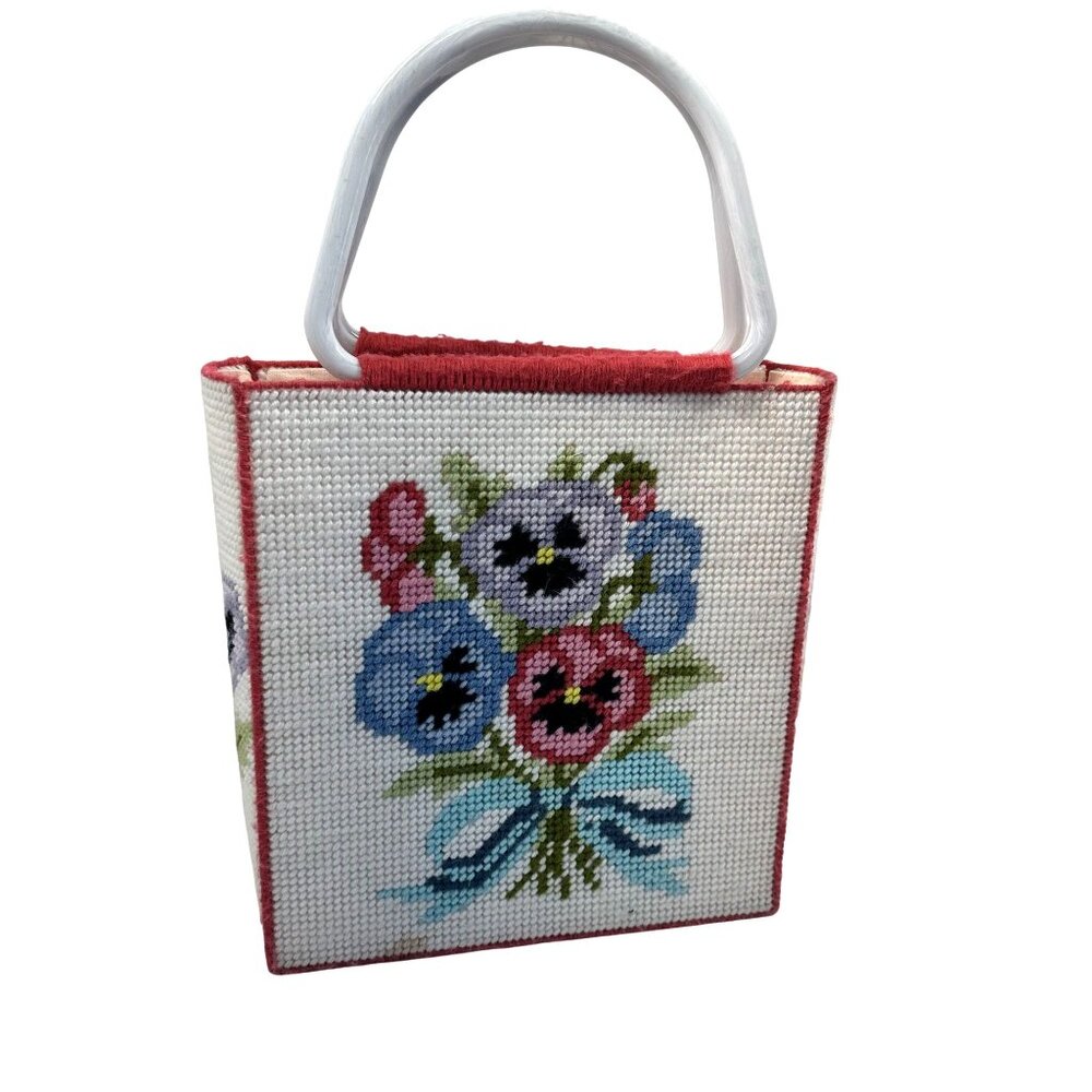 Vtg Floral Needlepoint Handbag White Plastic Handles Handmade Pink Pansy Pansies